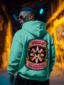 VEIRDO Green Graphic Printed Long Sleeves Fleece Hooded Pullover Sweatshirt