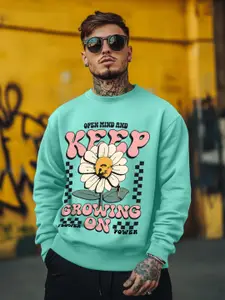 VEIRDO Green Typography Printed Round Neck Long Sleeves Fleece Pullover Sweatshirt