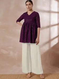 all about you Ethnic Motifs Chikankari Embroidered V-Neck Kurti