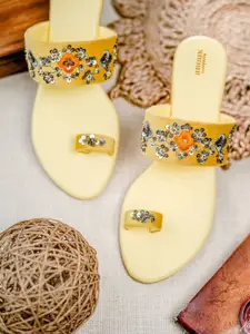 Anouk Yellow & Grey Embroidered Velvet Comfort Heels