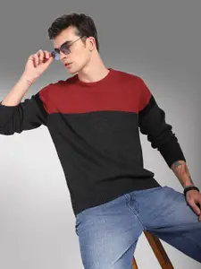 High Star Colourblocked Round Neck Long Sleeves Acrylic Pullover Sweaters