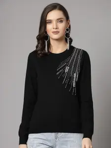 Mafadeny Embroidered Round Neck Pullover Sweater