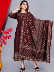 KALINI Ethnic Motifs Printed Fit & Flare Midi Ethnic Dress With Dupatta