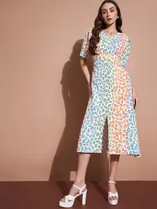 DressBerry Animal Printed Crepe Puff Sleeves A-Line Midi Dress