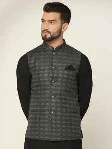 KISAH Men Woven Jacquard Regular Fit Geometric Pattern Nehru Jacket