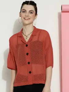 DressBerry Red Self Design Cuban Collar Semi Sheer Georgette Shirt Style Top