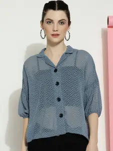 DressBerry Blue Self Design Cuban Collar Semi Sheer Georgette Shirt Style Top