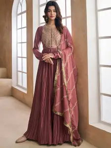 Inddus Ethnic Motifs Sequinned Embroidered Pleated Kurta With Dupatta