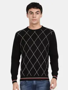 t-base Checked Round Neck Long Sleeves Cotton Pullover Sweater