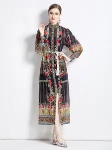 JC Collection Floral Printed Puff Sleeve A-Line Midi Dress
