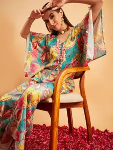 Sangria Floral Printed Pure Silk Top With Palazzo