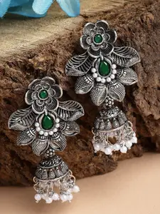 KARATCART Silver-Plated Oxidised Stone Studded & Beaded Jhumkas