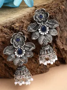 KARATCART Silver Plated Kundan Studded Oxidised Jhumkas