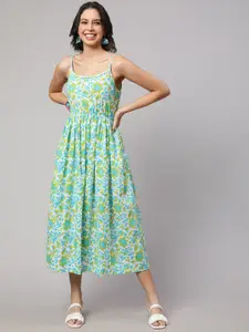 SAK JAIPUR Floral Printed Cotton Fit & Flare Midi Dress