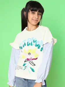 Natilene Girls Floral Printed Sequinned Jacquard Fleece Antimicrobial Pullover Sweatshirt