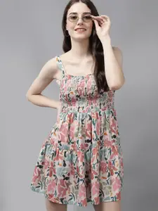 Mast & Harbour Cream-Coloured Floral Printed Crepe Fit & Flare Dress