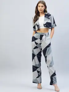 DELAN Geometric Printed Crop Top Trousers & Jacket