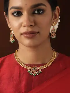 Rubans Gold-Plated Stone-Studded & Beaded Necklace & Earrings
