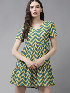 Roadster Chevron Printed V-Neck Fit & Flare Pleated Dress
