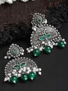 KARATCART Silver Plated Kundan Studded & Beaded Oxidised Drop Earrings