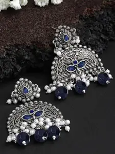 KARATCART Silver Plated Kundan Studded & Beaded Oxidised Drop Earrings