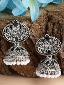 KARATCART Silver Toned Oxidised Contemporary Jhumkas