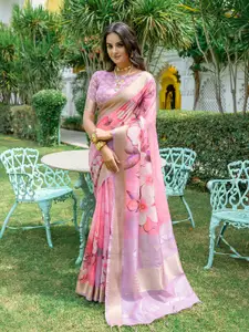 VISHNU WEAVES Floral Printed Zari Silk Cotton Jamdani Saree