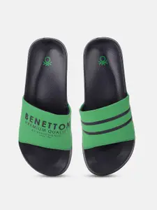 United Colors of Benetton Men Green & Black Printed Sliders