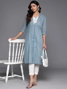 Biba Floral Printed Kurta With A-Line Jacket & Mask