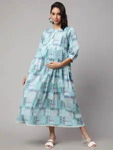 Nayo Ethnic Motifs Printed Maternity Cotton Fit & Flare Midi Dress
