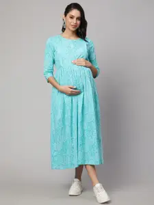 Nayo Floral Printed Maternity Fit & Flare Midi Dress