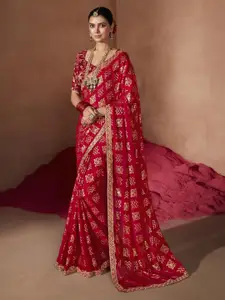 Anouk Red & Gold-Toned Bandhani Printed Sequinned Pure Chiffon Saree