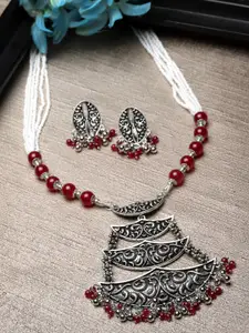 ADIVA Silver-Plated Artificial Oxidised Stones And Beads Necklace And Earrings