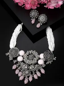 ADIVA Silver-Plated Peacock Shaped Oxidised Necklace And Earrings