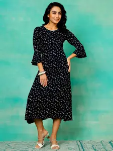 Anouk Navy Blue Floral Round Neck Bell Sleeves Printed A-Line Midi Dress