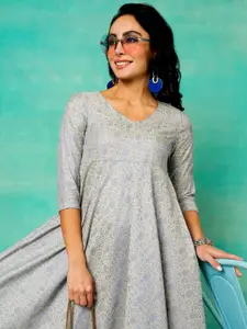 Anouk Grey Paisley Woven Design Jacquard Fit & Flare Maxi Ethnic Dress