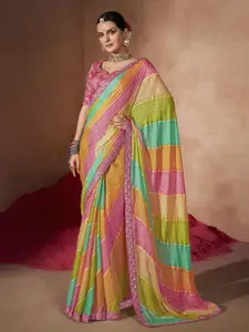 Anouk Green & Pink Bandhani Printed Sequinned Pure Chiffon Bandhani Saree