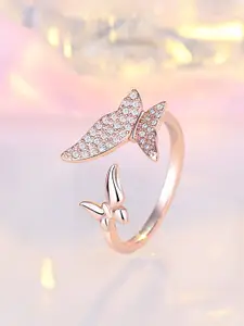 Jewels Galaxy Rose Gold- Plated American Diamond-Studded Adjustable Finger Ring