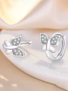 Jewels Galaxy Silver Plated American Diamond Studded Butterfly Shape Hoop Earrings