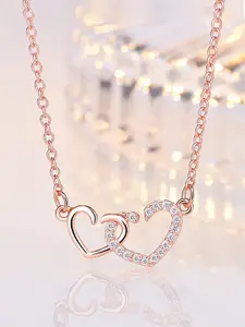 Jewels Galaxy Rose Gold-Plated American Diamonds Studded Dual Heart Contemporary Necklace