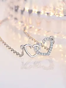Jewels Galaxy Silver-Plated American Diamond Studded Dual Heart Shape Necklace