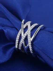 Jewels Galaxy Silver- Plated American Diamond-Studded Adjustable Finger Ring