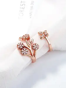 Jewels Galaxy Rose Gold- Plated American Diamond-Studded Adjustable Finger Ring