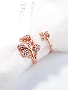 Jewels Galaxy Rose Gold- Plated American Diamond-Studded Adjustable Finger Ring