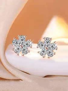 Jewels Galaxy Rose Gold Plated Floral American Diamond Studded Studs Earrings