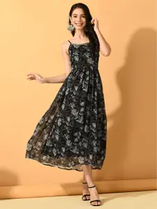 Sangria Floral Printed Shoulder Straps Fit & Flared Dresses