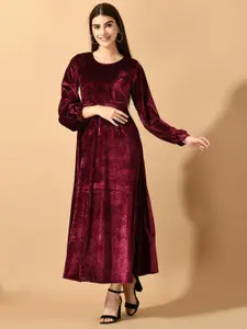 Sangria Maroon Self Designed Puff Sleeves Fit & Flared Midi Velvet Dress
