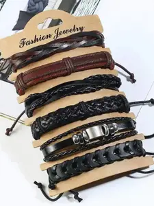 OOMPH Men Set Of 6 Leather Wraparound Bracelet