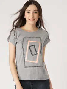 DressBerry Women Grey Melange Printed Round Neck T-shirt