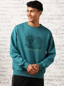 NOBERO Barcelona Printed Round Neck Long Sleeves Oversized Pullover Sweatshirt